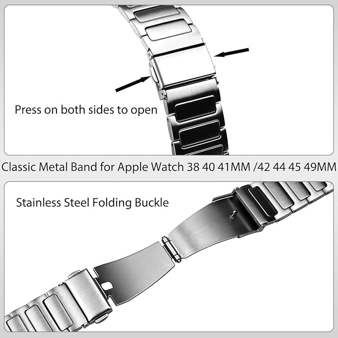 Dluxe Ave. Juntan Business Band Compatible with Apple Watch Bands for Men Women 44mm 45mm 49mm 42mm Silver Stainless Steel Removable Strap for iWatch Bands Series 9 8 7 6 5 4 3 2 SE Ultra