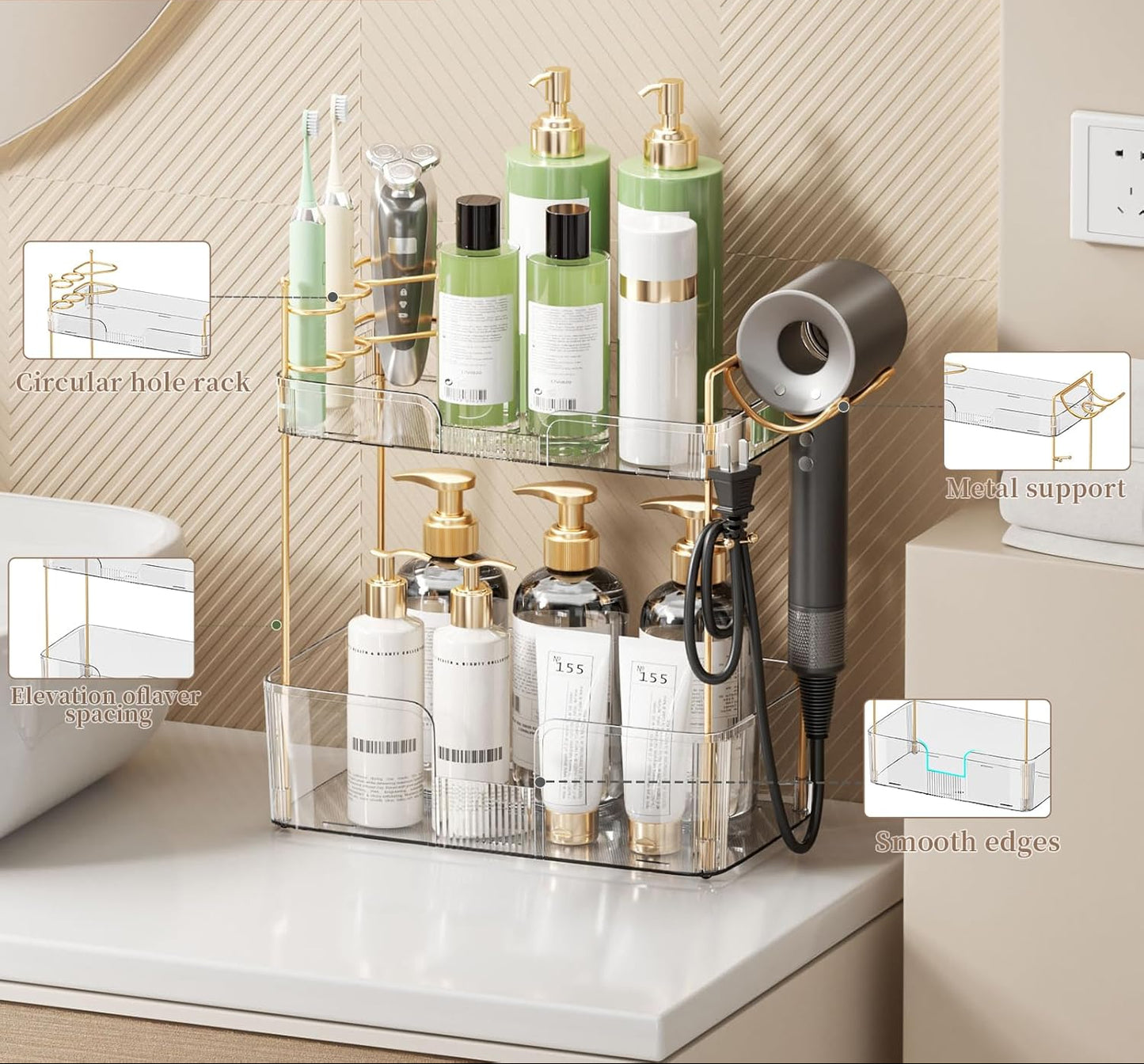Dluxe Ave. Luxury Bathroom Counter Organizer/ Large 2 Tiers (Clear)