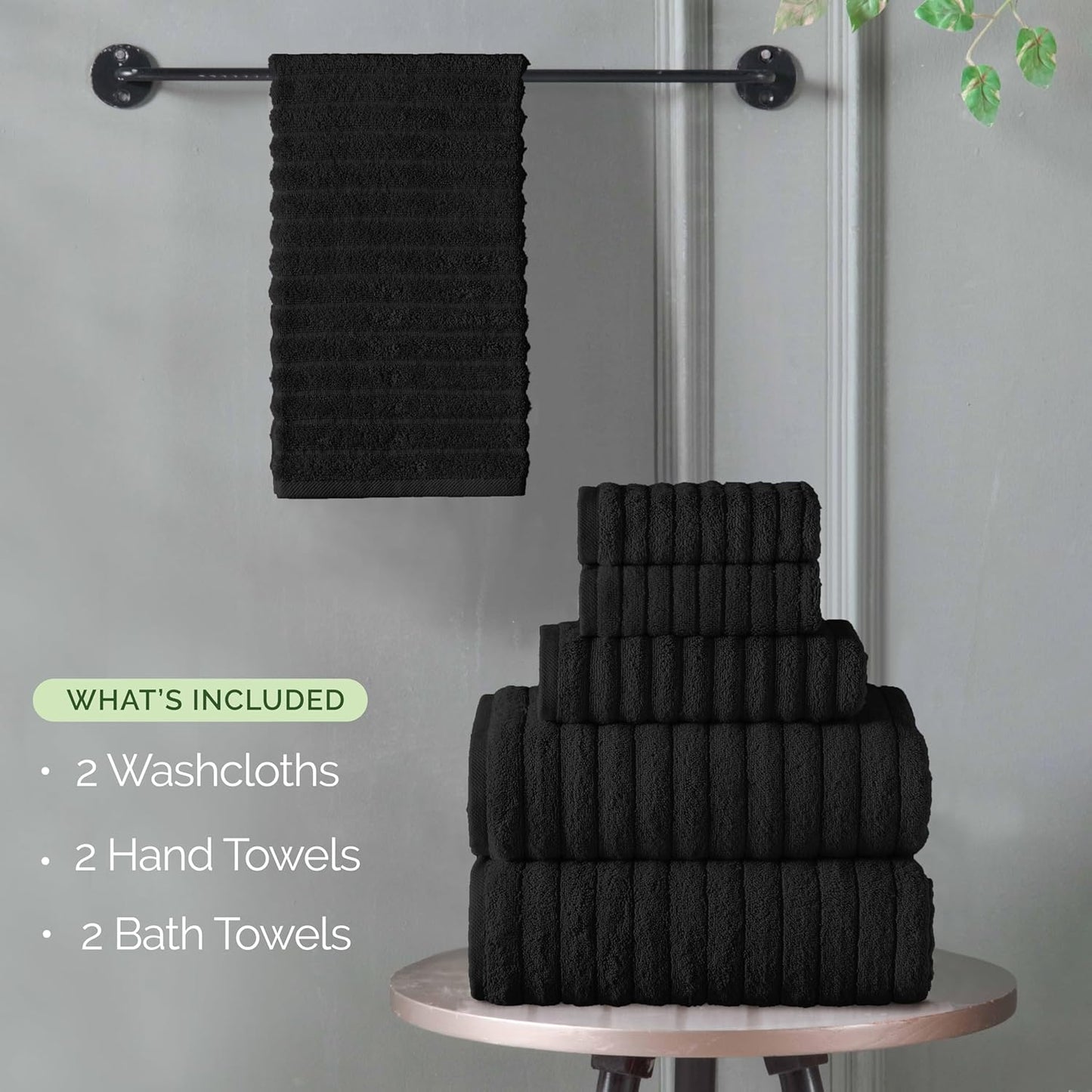 Dluxe Ave. Elegant Comfort 100% Turkish Cotton Corduroy Ribbed Luxury Bath Towels 6-Piece Set Premium Feel - Quick Dry Highly Absorbent Contains 2 Bath Towels 2 Hand Towels and 2 Washcloths Black