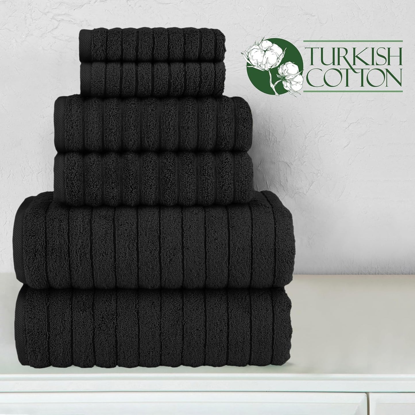 Dluxe Ave. Elegant Comfort 100% Turkish Cotton Corduroy Ribbed Luxury Bath Towels 6-Piece Set Premium Feel - Quick Dry Highly Absorbent Contains 2 Bath Towels 2 Hand Towels and 2 Washcloths Black