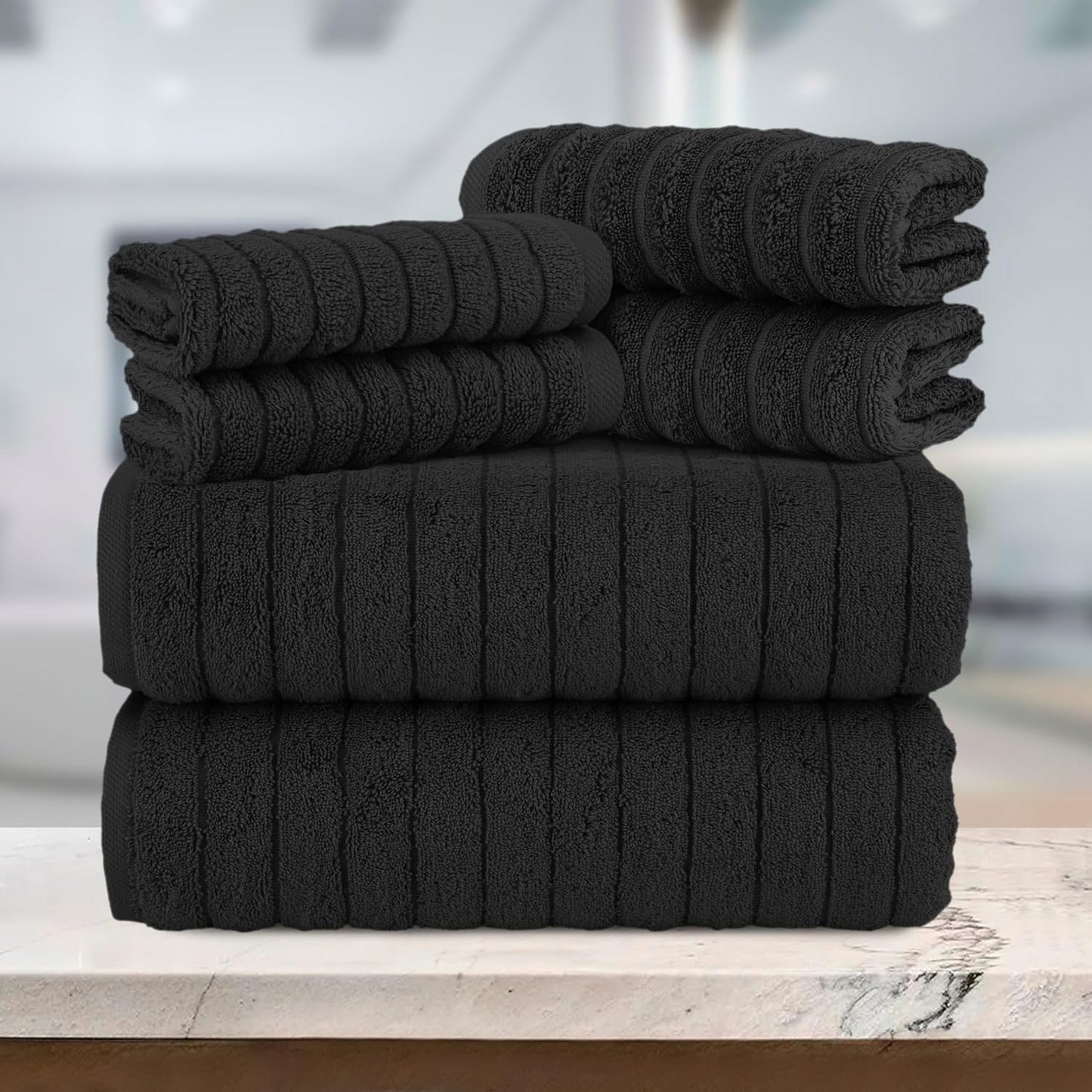 Dluxe Ave. Elegant Comfort 100% Turkish Cotton Corduroy Ribbed Luxury Bath Towels 6-Piece Set Premium Feel - Quick Dry Highly Absorbent Contains 2 Bath Towels 2 Hand Towels and 2 Washcloths Black