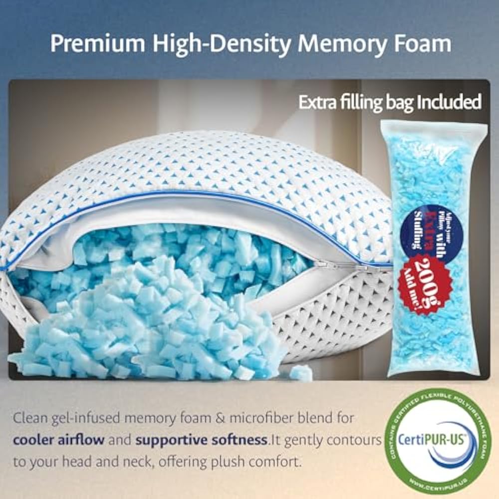 Dluxe Ave. ( STANDARD/ FULL )Cooling Gel Memory foam Pillows, { SOFT TOUCH/ ADJUST. FIRM SUPPORT }  Set of 2, Luxury Hotel Quality