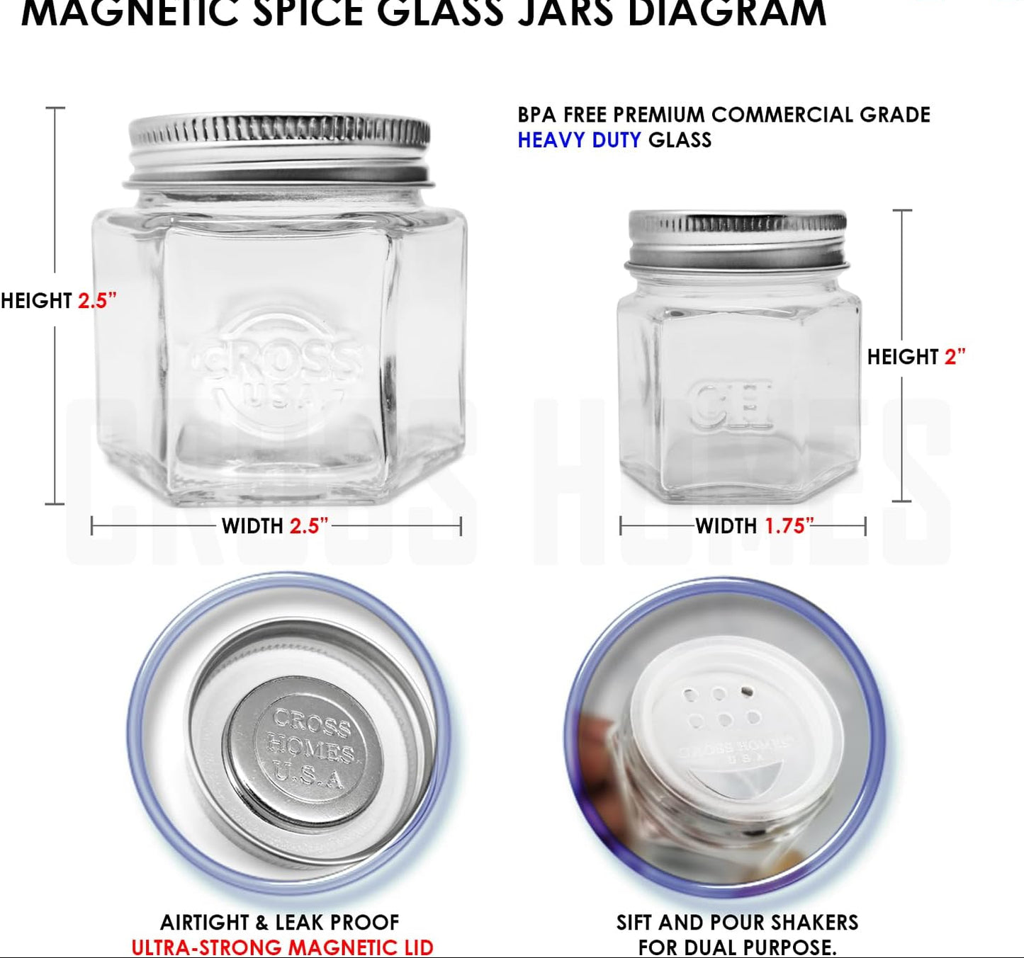 Dluxe Ave. 15 Set Magnetic Spice Jars with lids/ Large 4 oz/ / Hexagon Glass