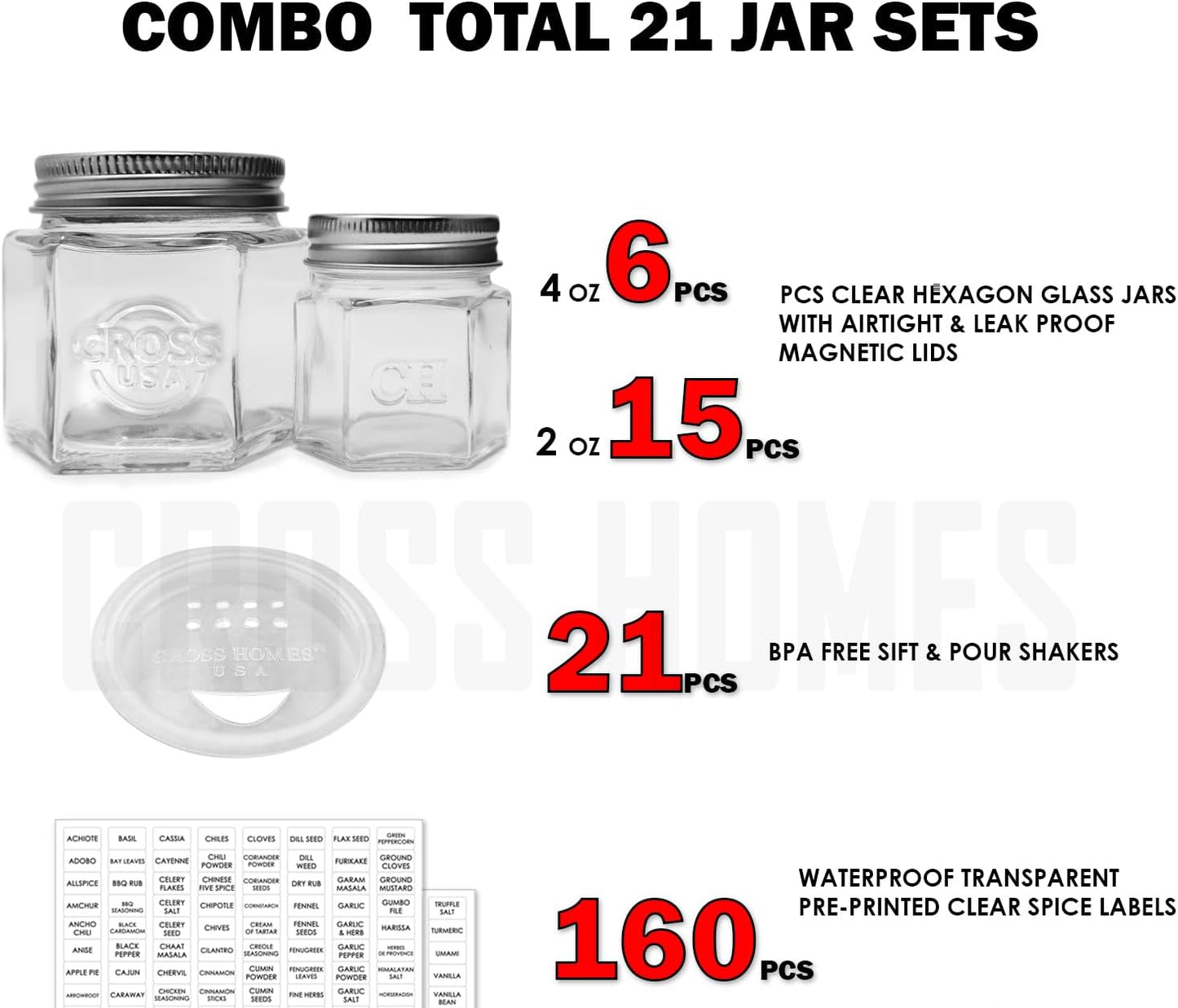 Dluxe Ave. 15 Set Magnetic Spice Jars with lids/ Large 4 oz/ / Hexagon Glass