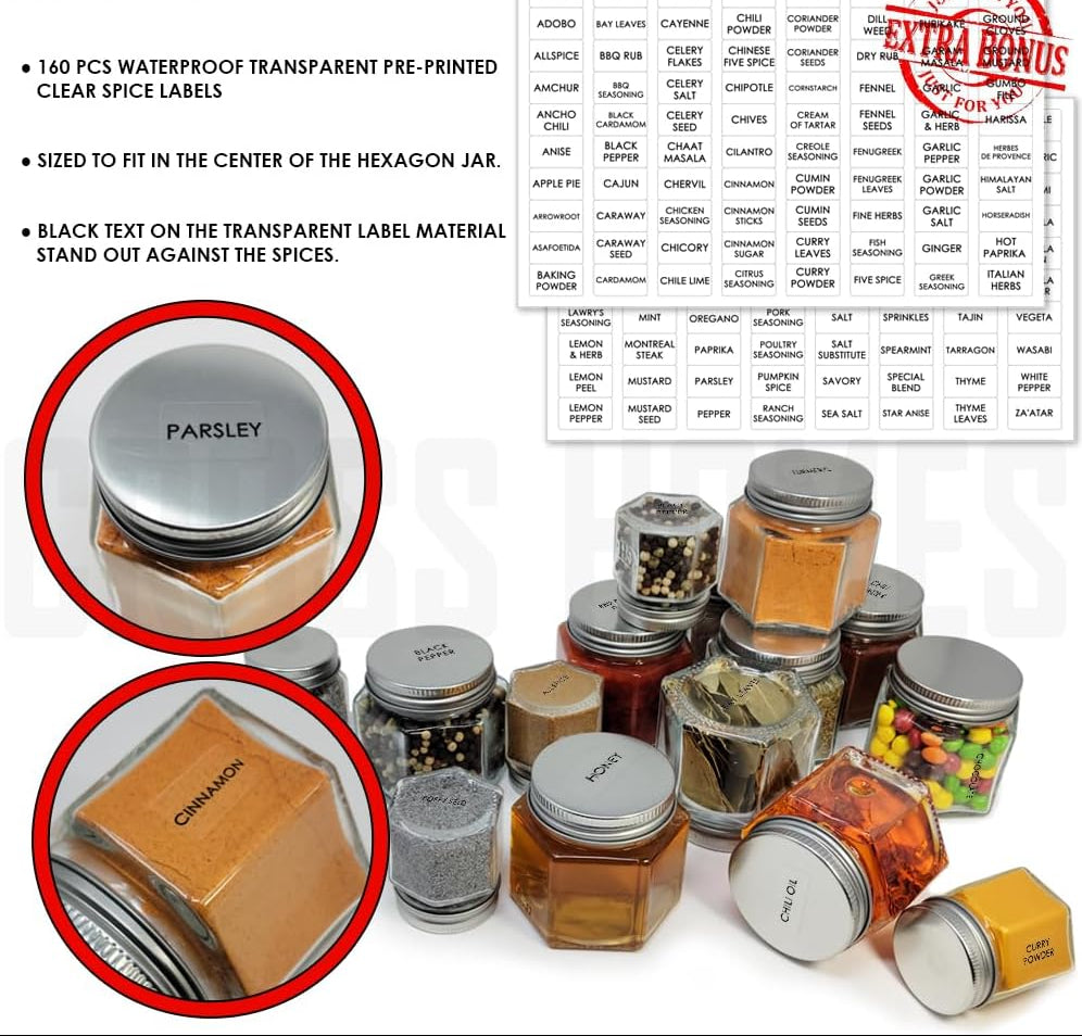 Dluxe Ave. 15 Set Magnetic Spice Jars with lids/ Large 4 oz/ / Hexagon Glass