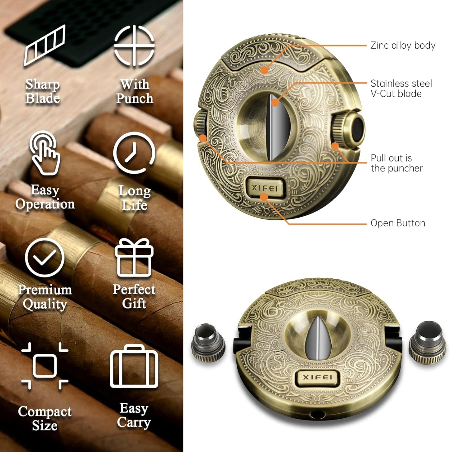 Dluxe Ave. Cigar Cutter Stainless Steel/ V-Cut Guillotine with 2 Cigar Punch/ Bronze