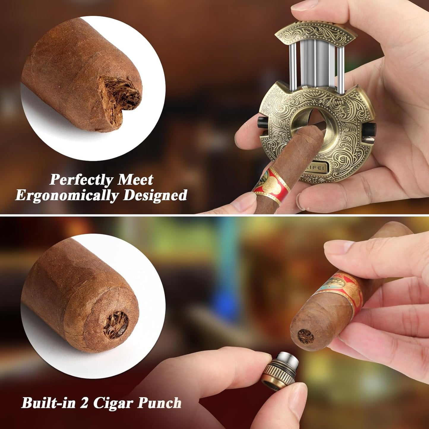 Dluxe Ave. Cigar Cutter Stainless Steel/ V-Cut Guillotine with 2 Cigar Punch/ Bronze