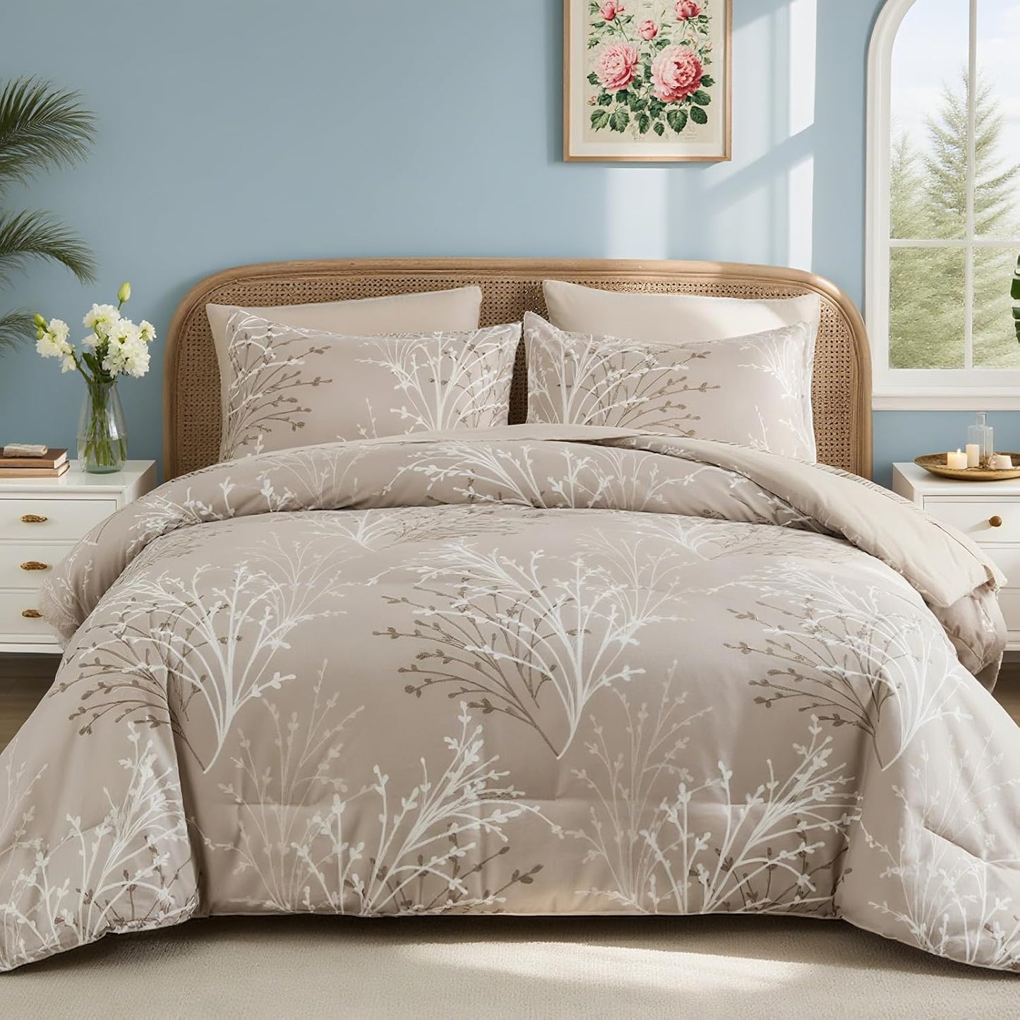 Dluxe Ave. ( KING ) 7 Pcs Branch Botanical Comforter Set with Sheets/ All Season /Beige
