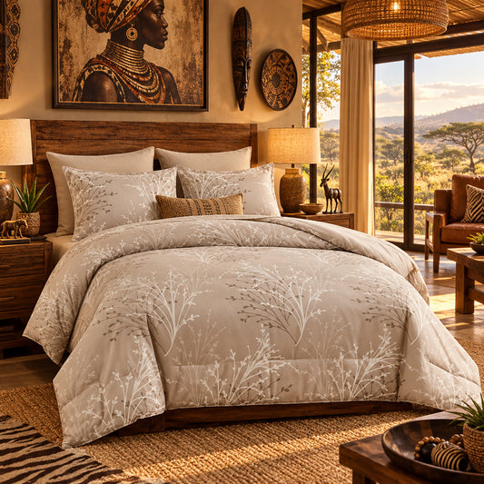 Dluxe Ave. (KING) 7Pcs Branch Botanical Comforter Set with Sheets/ Beige