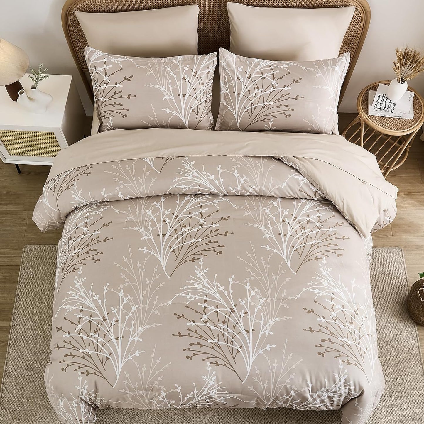 Dluxe Ave. ( KING ) 7 Pcs Branch Botanical Comforter Set with Sheets/ All Season /Beige