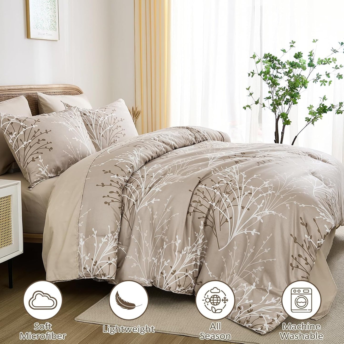 Dluxe Ave. ( KING ) 7 Pcs Branch Botanical Comforter Set with Sheets/ All Season /Beige