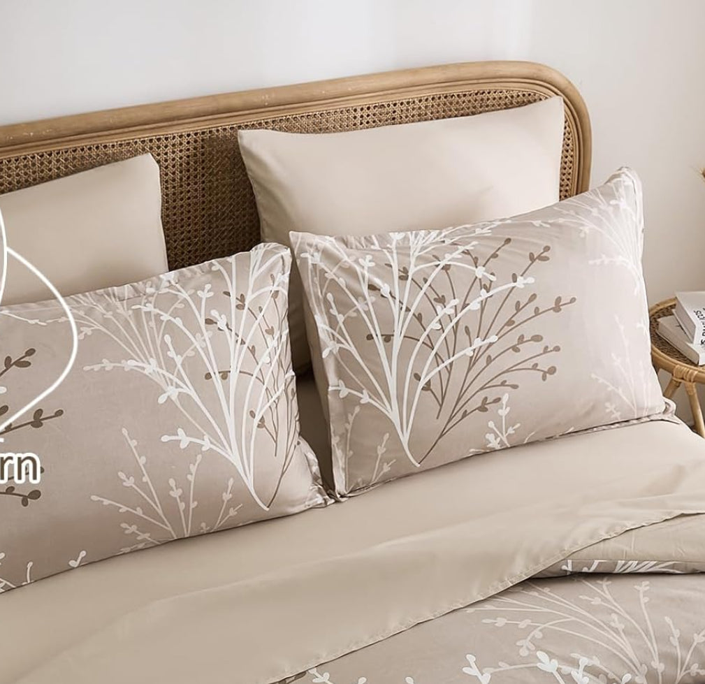 Dluxe Ave. ( KING ) 7 Pcs Branch Botanical Comforter Set with Sheets/ All Season /Beige