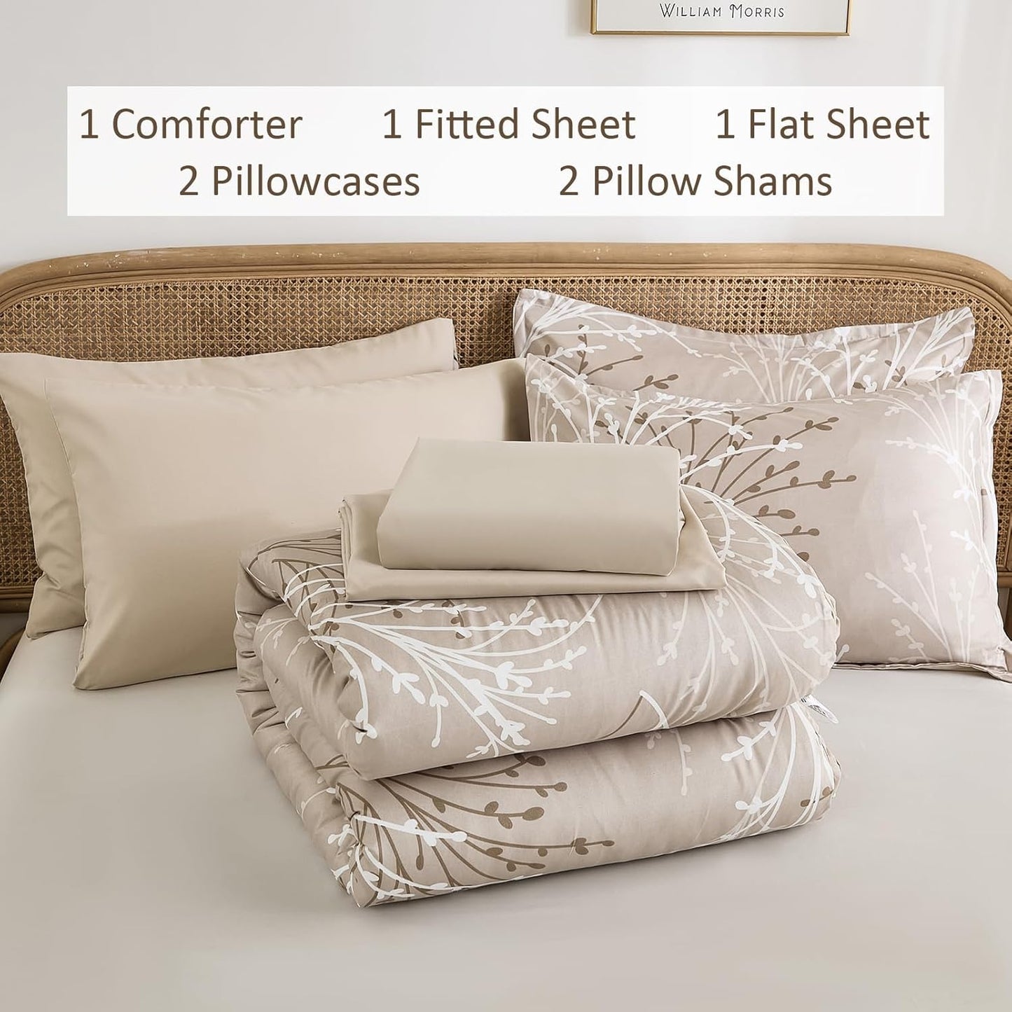 Dluxe Ave. ( KING ) 7 Pcs Branch Botanical Comforter Set with Sheets/ All Season /Beige