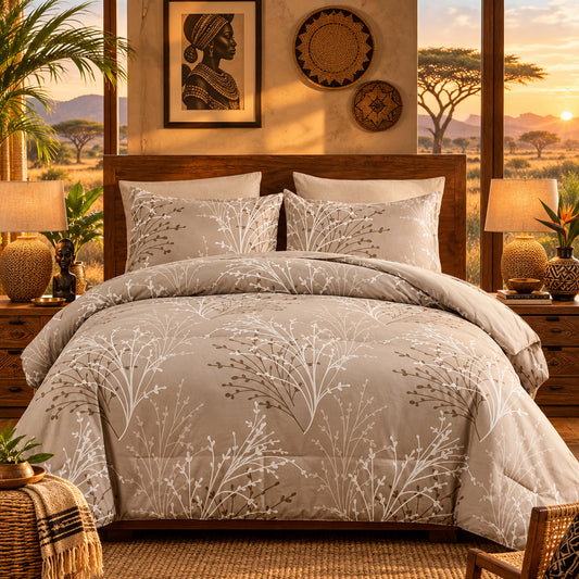 Dluxe Ave. (KING) 7Pcs Branch Botanical Comforter Set with Sheets/ Beige