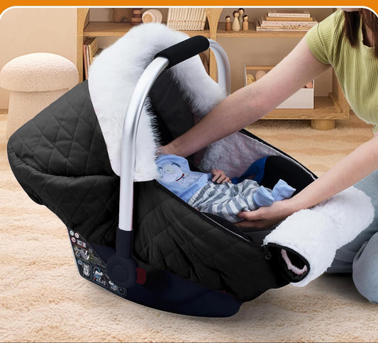 Dluxe Ave. Winter Car Seat Cover Baby Carseat Cover for Boys Girls Plush Infant Car Seat Cover with Huge Space Inside Warm & Snug Baby Carrier Cover Universal Cold Weather Shield for Baby Essentials (Black)