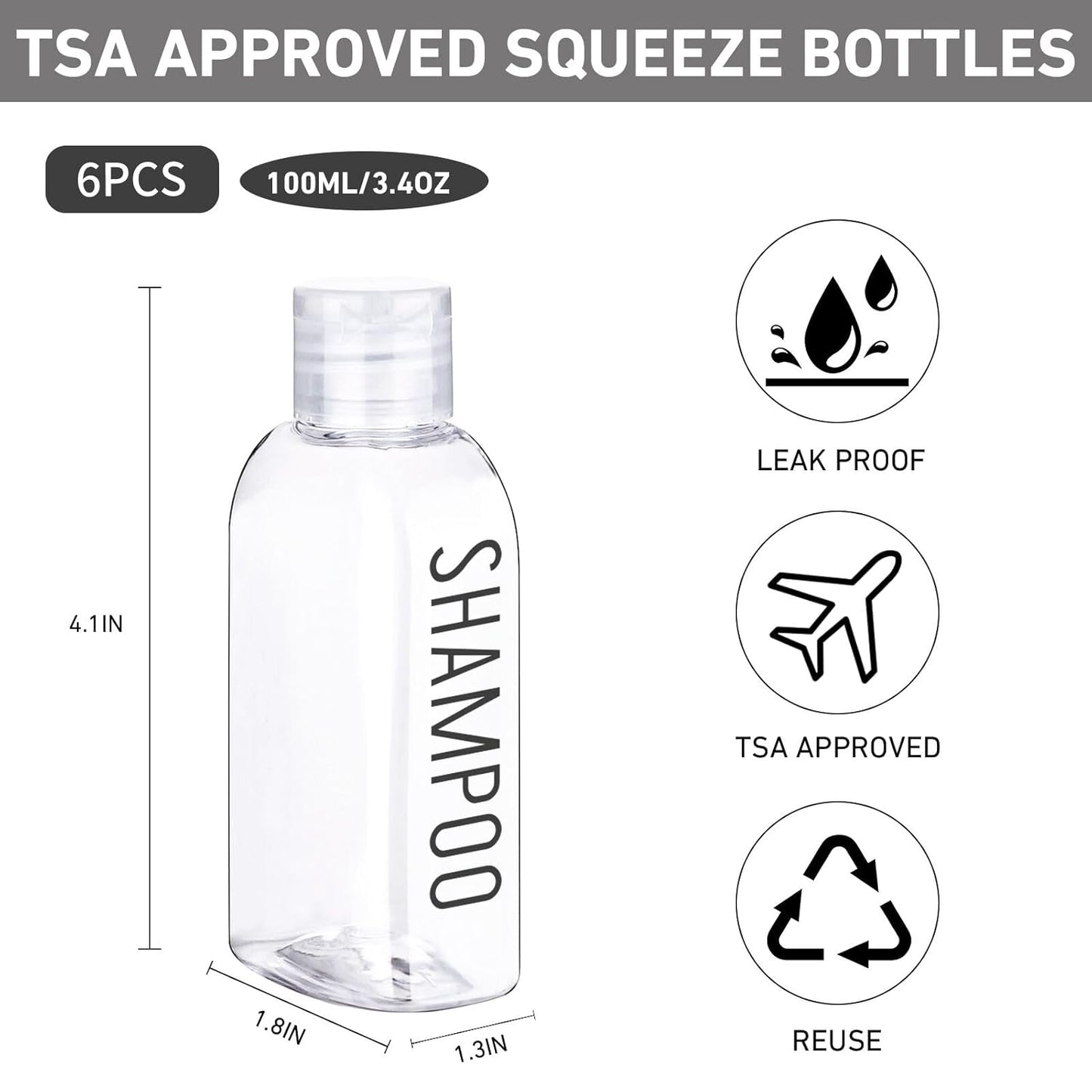 Dluxe Ave. Travel Bottles for Toiletries/ 6 PCS 3.4oz/100ml/  Plastic TSA Approved Leak Proof/ Clear