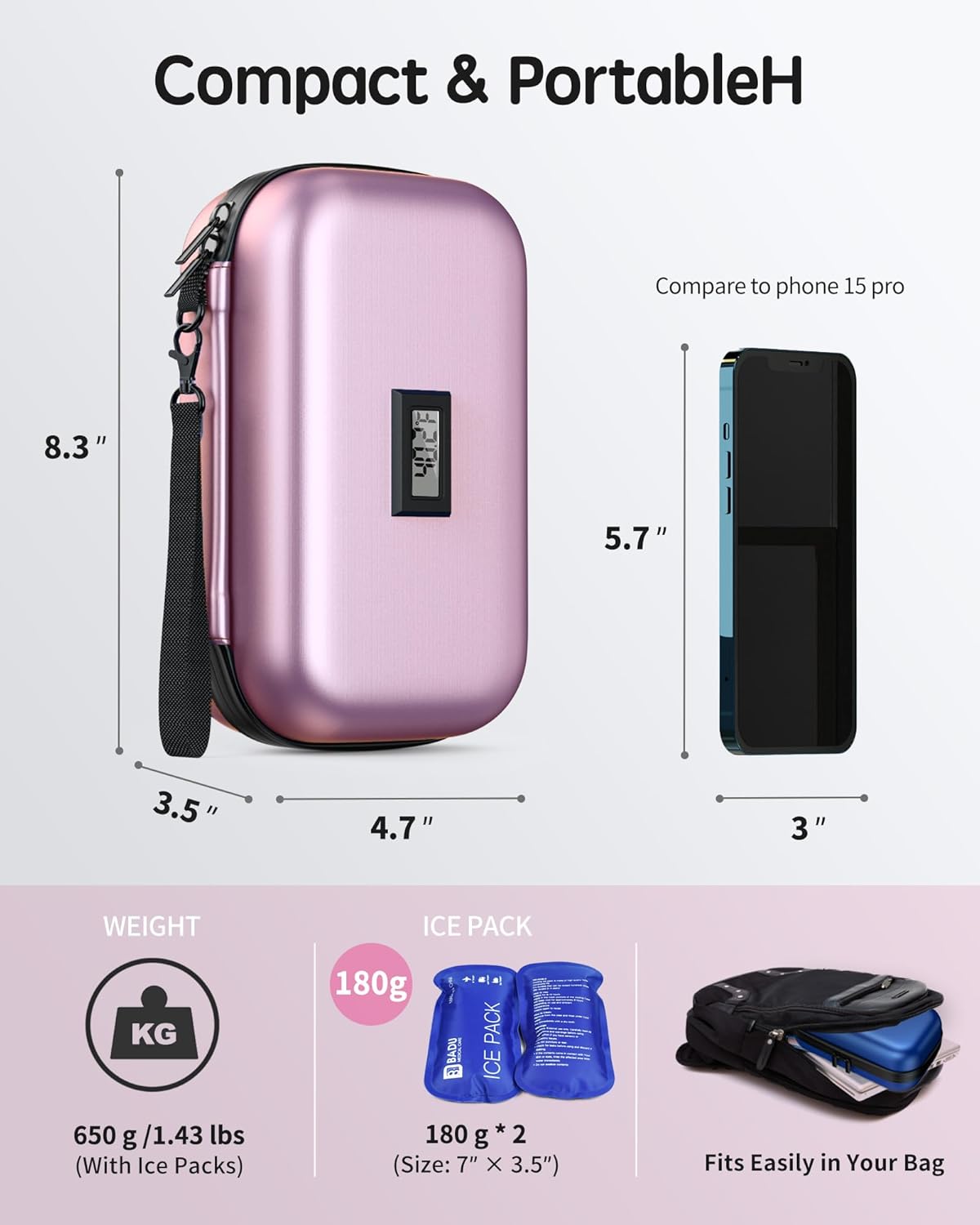 Dluxe Ave. Insulin Cooler Travel Case/ TSA Approved/ Digital Thermometer/ Pink