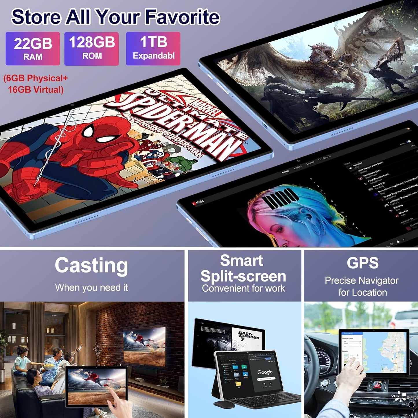 Dluxe Ave. 2025 Android 14 Tablet 22GB RAM 128GB ROM 1TB Expand 10.1 inch 8000mAh Octa-Core Tablet with Keyboard & Mouse HD IPS Display 5G Wi-Fi Bluetooth 5.0 GPS Widevine L1 Split Screen -Metal Blue