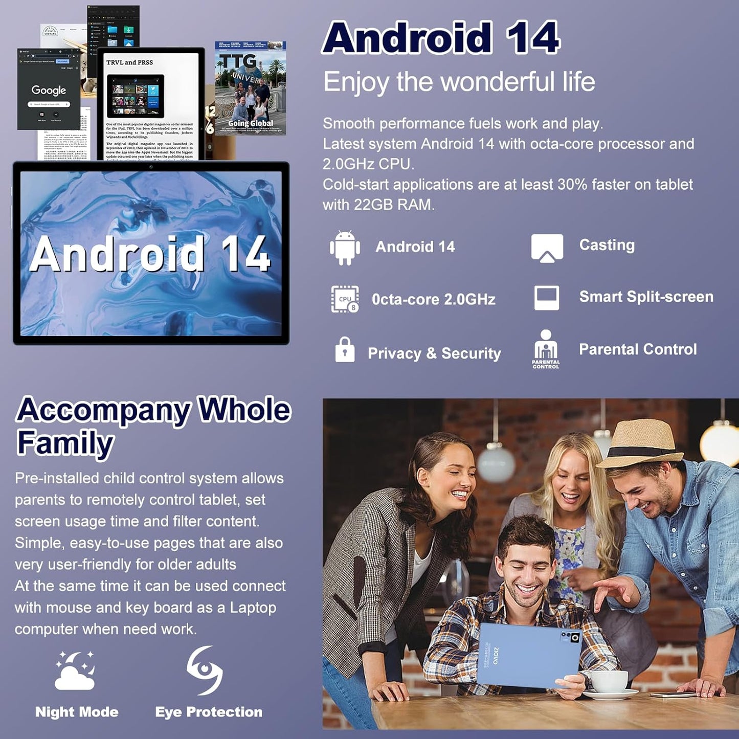 Dluxe Ave. 2025 Android 14 Tablet 22GB RAM 128GB ROM 1TB Expand 10.1 inch 8000mAh Octa-Core Tablet with Keyboard & Mouse HD IPS Display 5G Wi-Fi Bluetooth 5.0 GPS Widevine L1 Split Screen -Metal Blue
