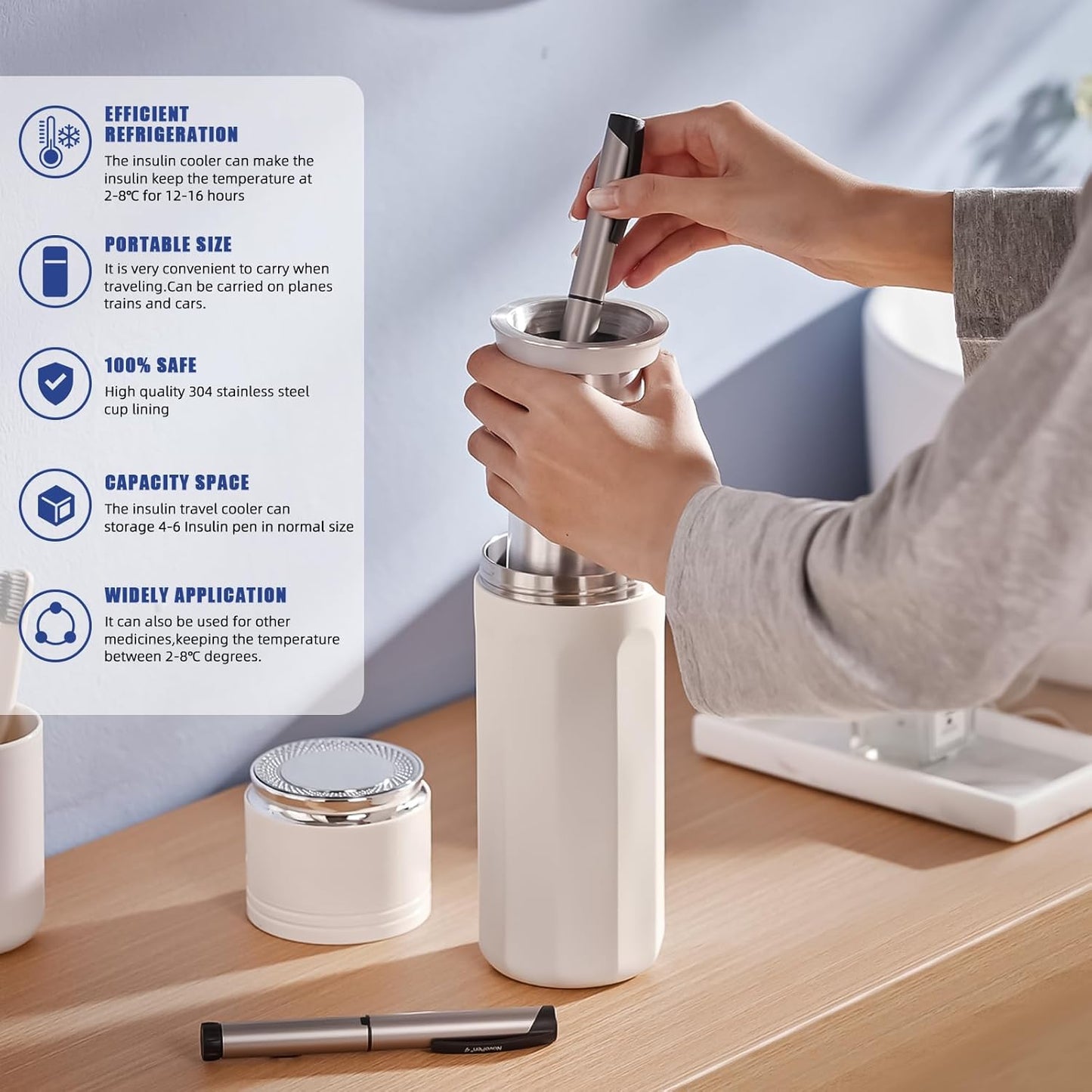 Dluxe Ave. Insulin Pen Cooler Travel Case with Metal Ice Ring/ for 4-6 pens/ Temp Display/ TSA Approved / Including Ice Ring