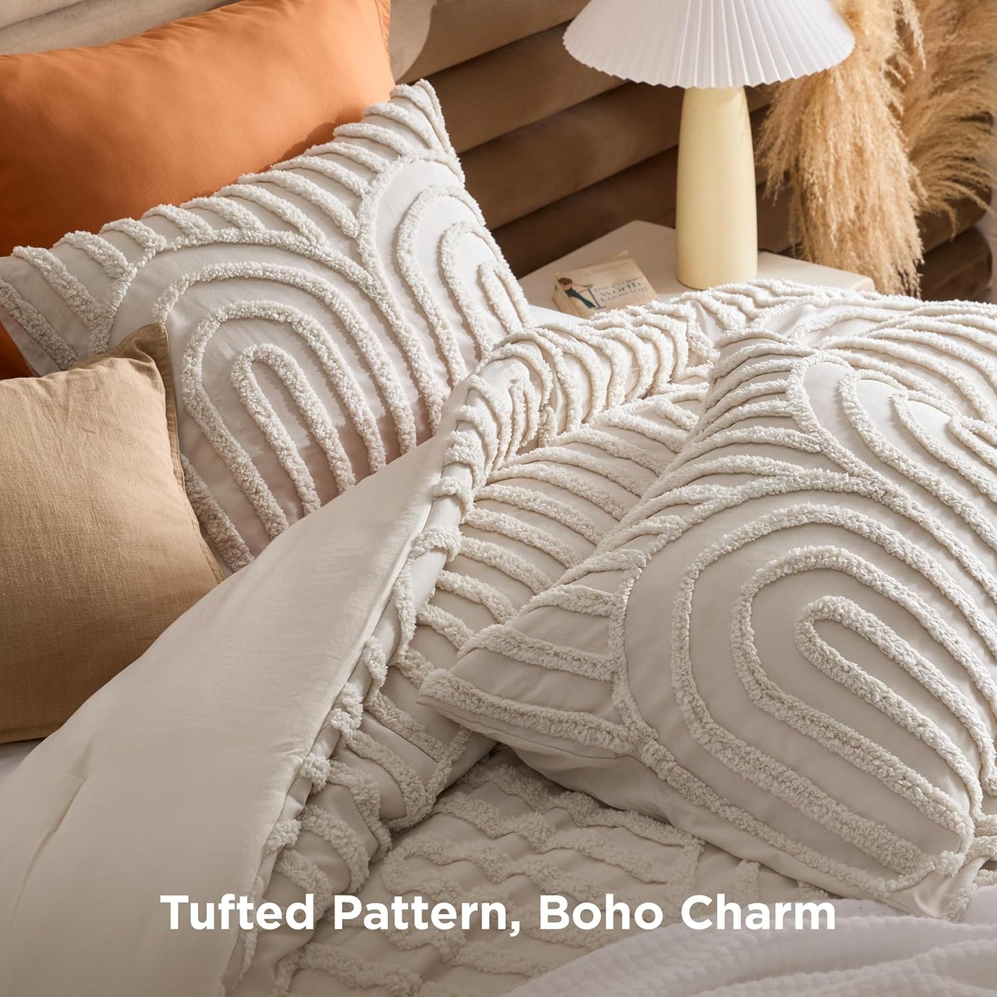 Dluxe Ave. ( QUEEN ) 3 Pcs Boho Tufted Comforter Set/ Soft Fluffy Cozy Arch Pattern for All Seasons/ Beige