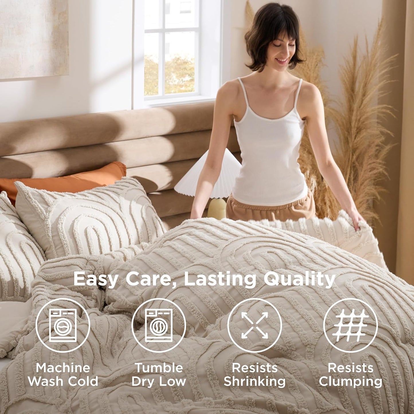 Dluxe Ave. ( QUEEN ) 3 Pcs Boho Tufted Comforter Set/ Soft Fluffy Cozy Arch Pattern for All Seasons/ Beige
