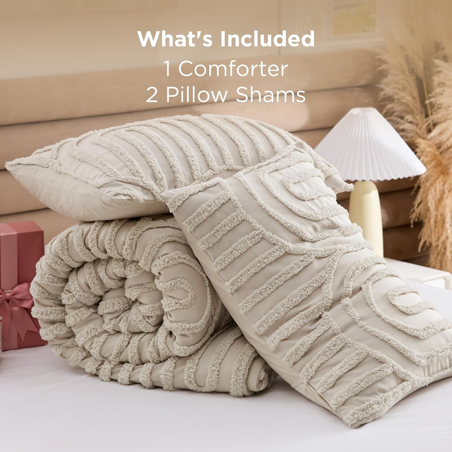 Dluxe Ave. ( QUEEN ) 3 Pcs Boho Tufted Comforter Set/ Soft Fluffy Cozy Arch Pattern for All Seasons/ Beige