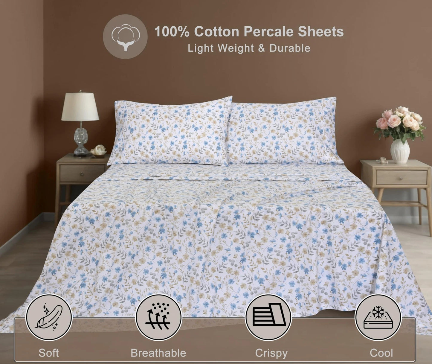 Dluxe Ave. ( KING ) 4 Pcs 100% Cotton Sheet Set, Percale Sheets, 16" Deep Pockets, Lightweight & Breathable Durable, Country Coast