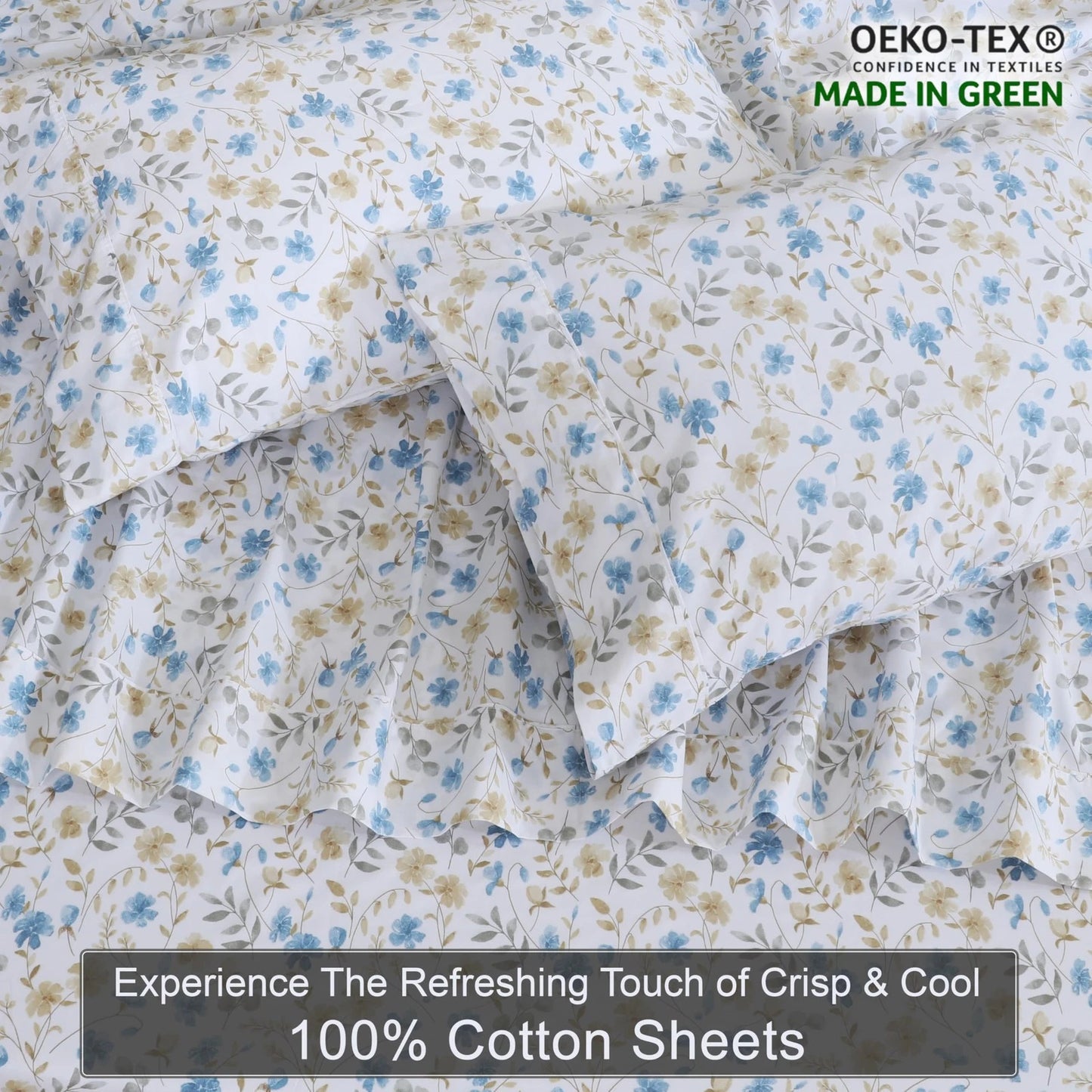 Dluxe Ave. ( KING ) 4 Pcs 100% Cotton Sheet Set, Percale Sheets, 16" Deep Pockets, Lightweight & Breathable Durable, Country Coast