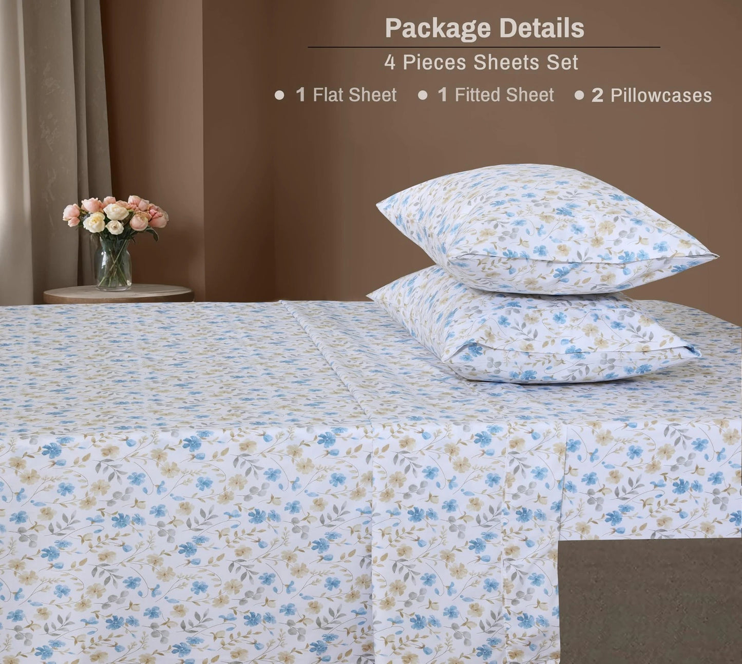 Dluxe Ave. ( KING ) 4 Pcs 100% Cotton Sheet Set, Percale Sheets, 16" Deep Pockets, Lightweight & Breathable Durable, Country Coast