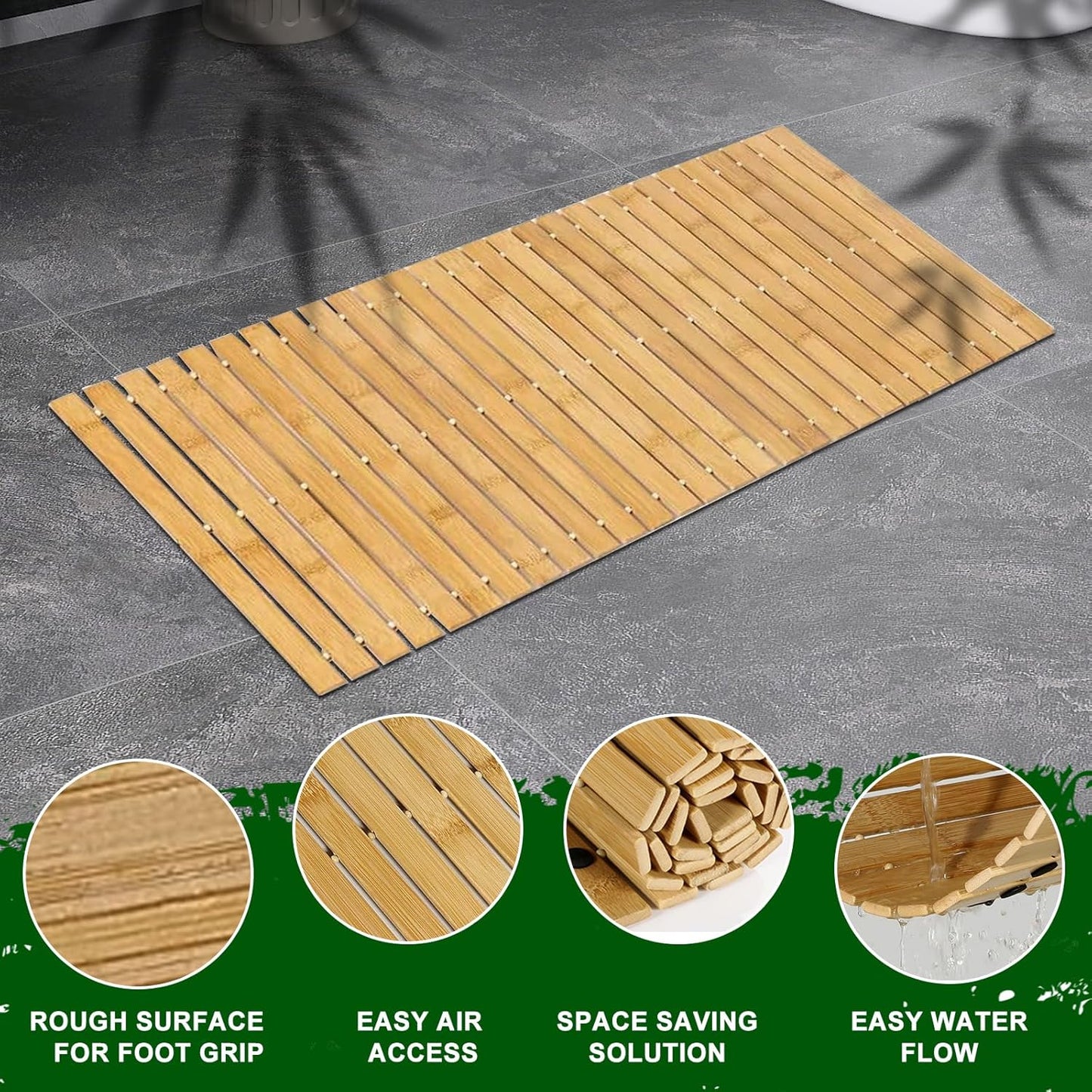 Dluxe Ave. Extra Large Bamboo Shower Mat for Inside Shower 58"x20" Large Wood Bath Shower Mat Non Slip for Shower