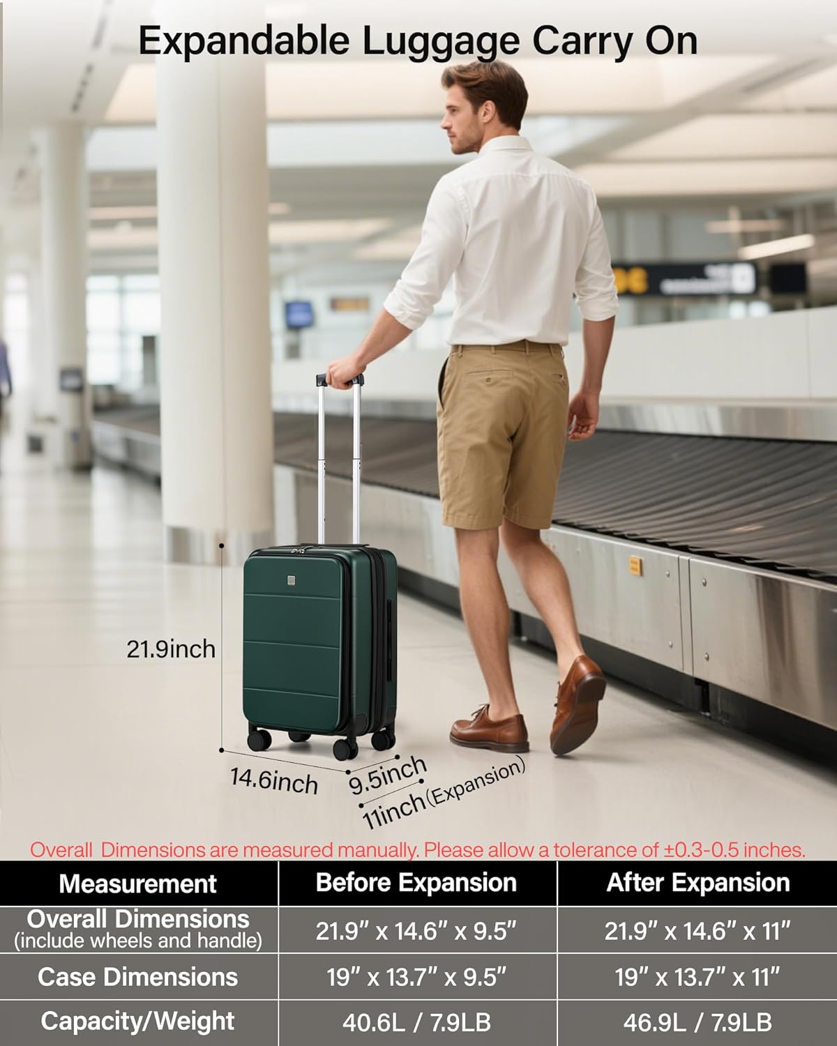 Dluxe Ave. Expandable Carry On Luggage/Airline Approved/Hard Shell/TSA lock/Spinning Wheels 20 in/ (Blackish Green)