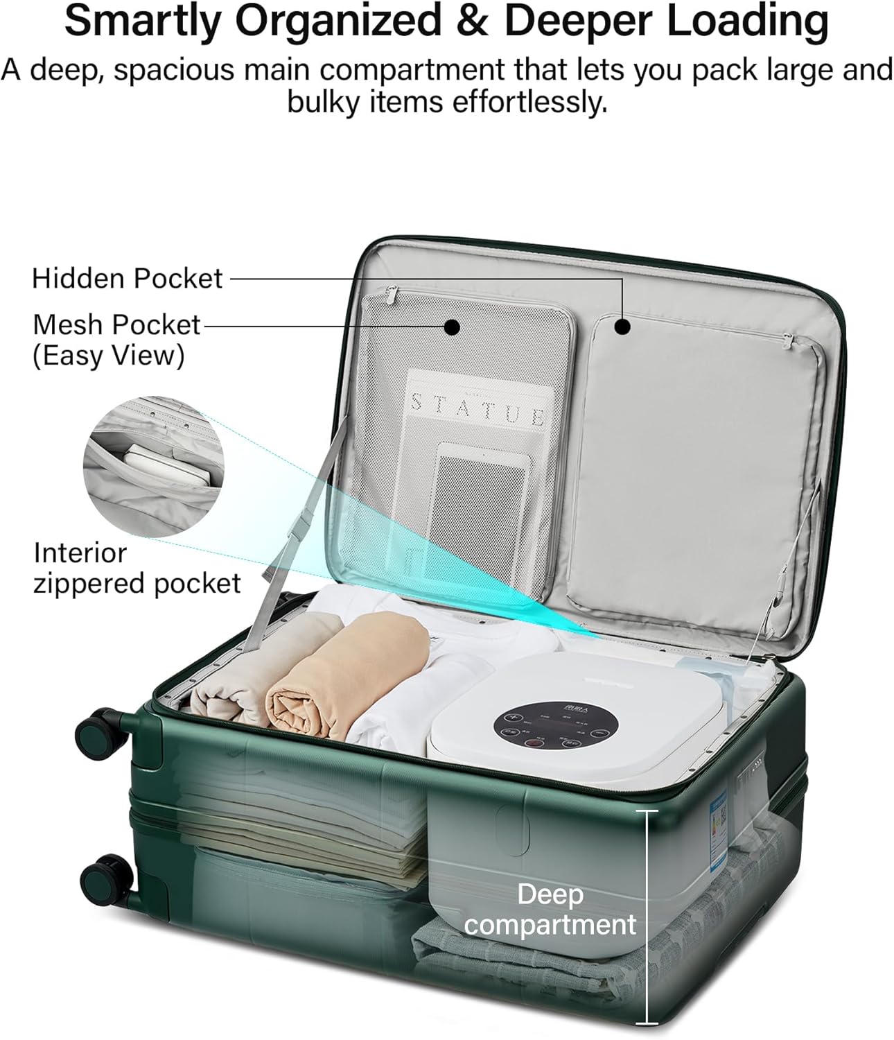Dluxe Ave. Expandable Carry On Luggage/Airline Approved/Hard Shell/TSA lock/Spinning Wheels 20 in/ (Blackish Green)