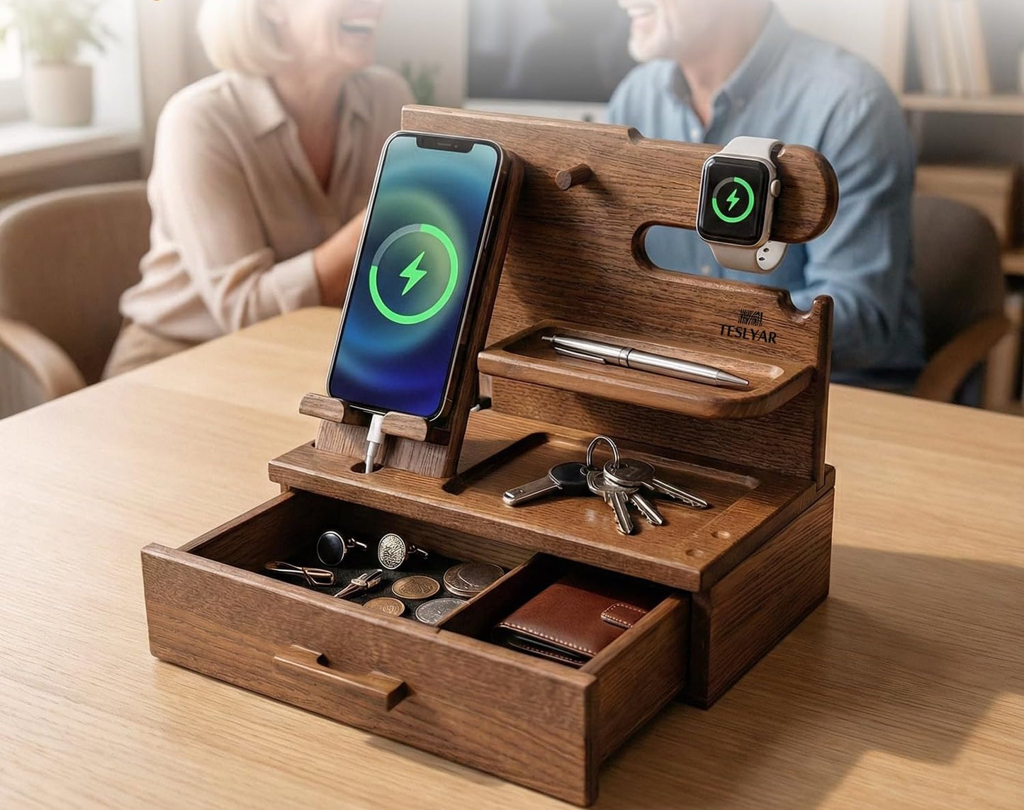 Dluxe Ave. Wood Docking Station with Drawer Desk Organizer/ Beige