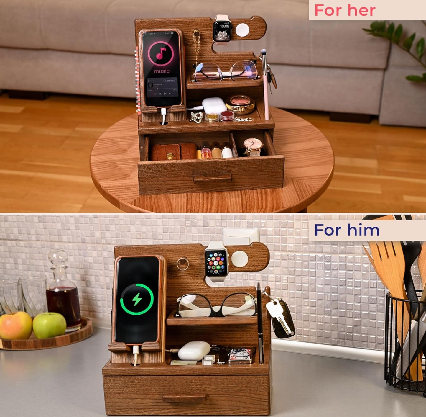 Dluxe Ave. Wood Docking Station with Drawer Desk Organizer/ Beige