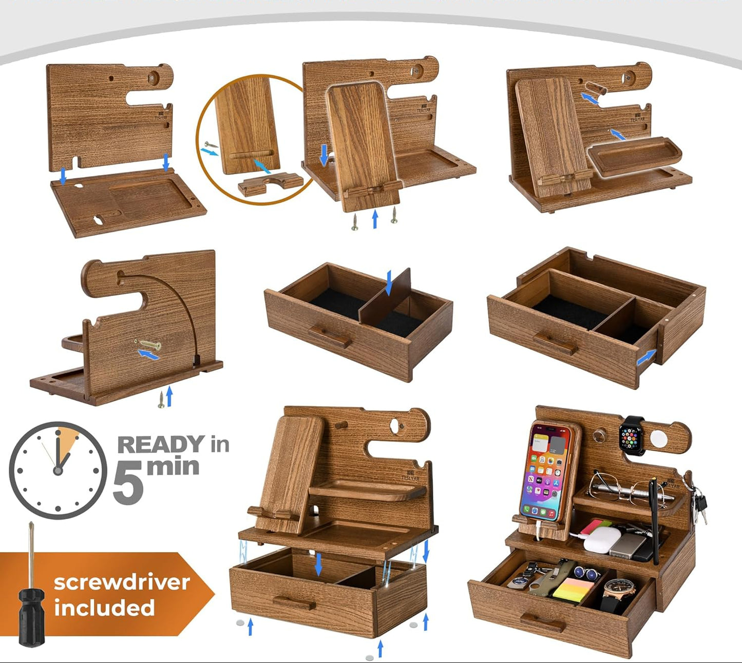 Dluxe Ave. Wood Docking Station with Drawer Desk Organizer/ Beige