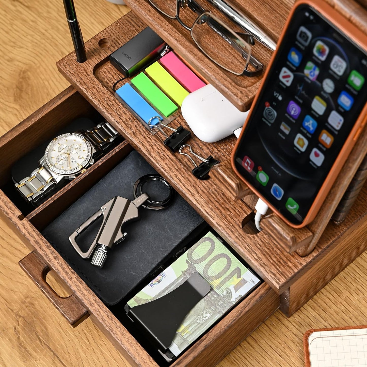 Dluxe Ave. Wood Docking Station with Drawer Desk Organizer/ Beige