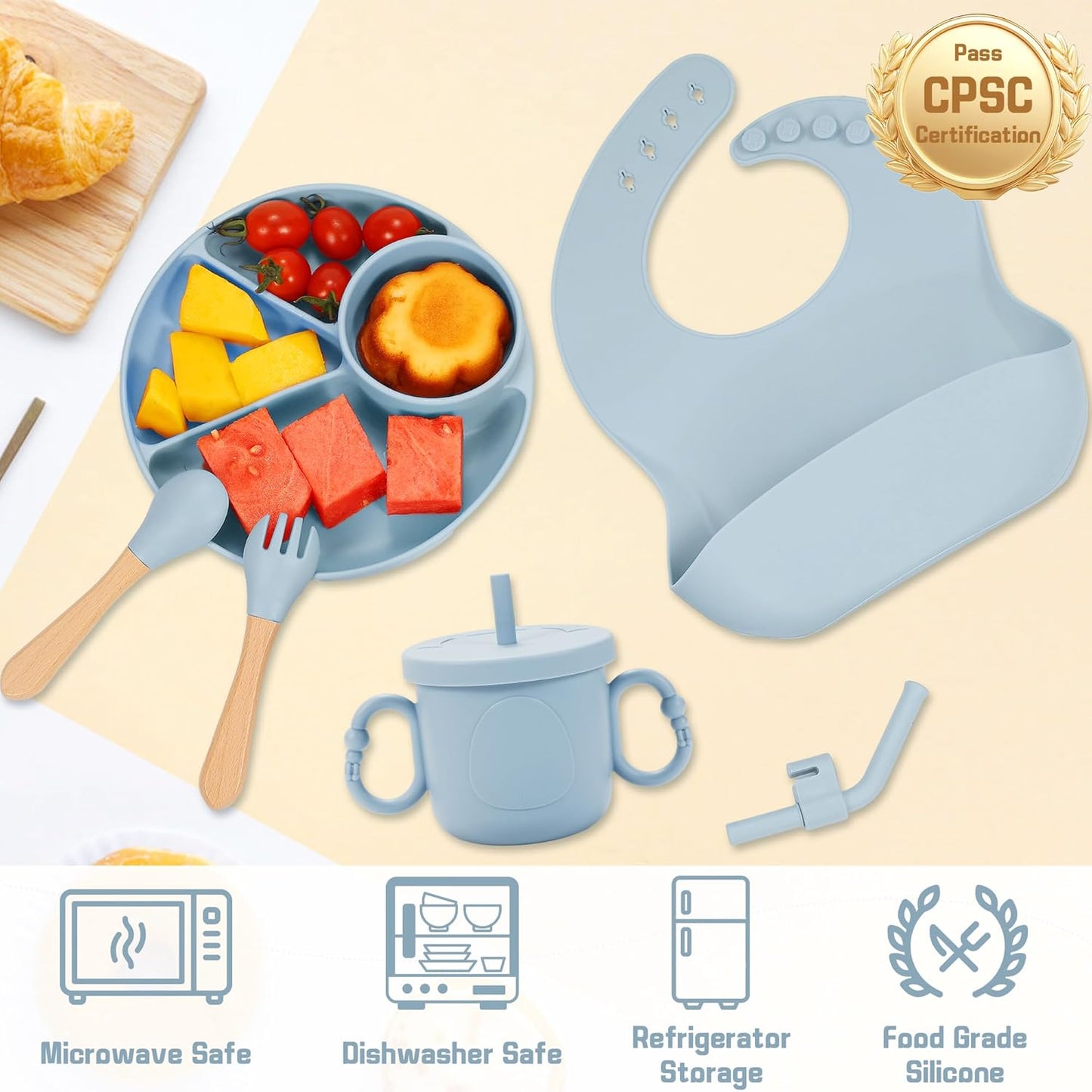 Dluxe Ave. MIICASA Silicone Baby Feeding Set Baby Led Weaning Supplies Silicone Suction Plate Bowl Spoons Fork Waterproof Bib Cup and Food Tableware Eating Utensils Baby Feeding Essentials for 3+ Months