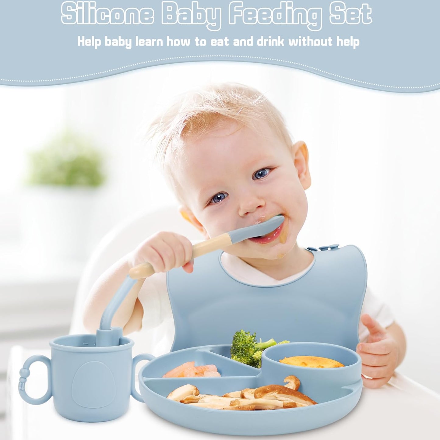Dluxe Ave. MIICASA Silicone Baby Feeding Set Baby Led Weaning Supplies Silicone Suction Plate Bowl Spoons Fork Waterproof Bib Cup and Food Tableware Eating Utensils Baby Feeding Essentials for 3+ Months