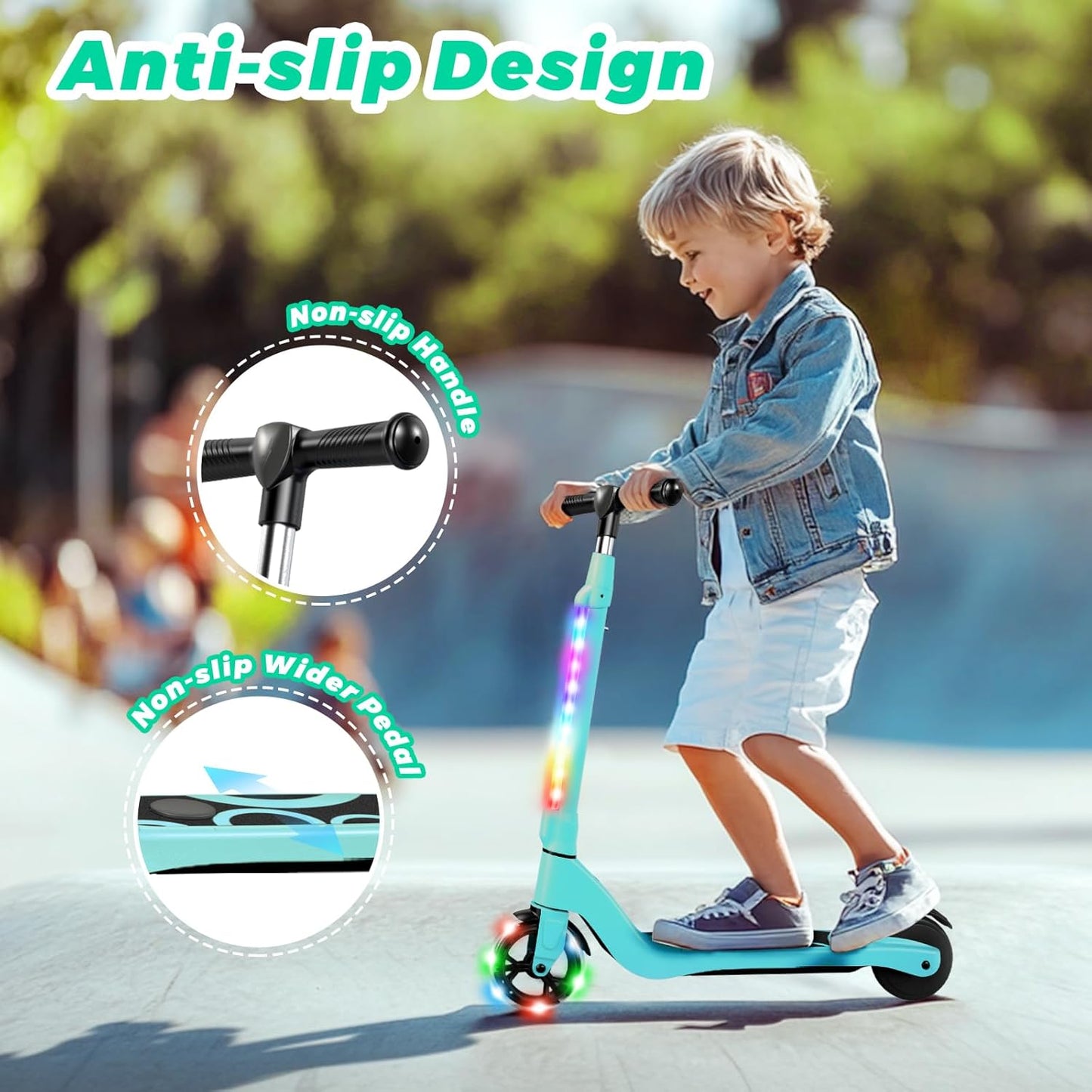 Dluxe Ave. EPCTEK Electric Scooter 6 Mph Top Speed Up to 5 Miles Range 5.3" Solid Tires Wheel and Front Light Kick Scooter Adjustable Height for Kids Age 6-12 Green