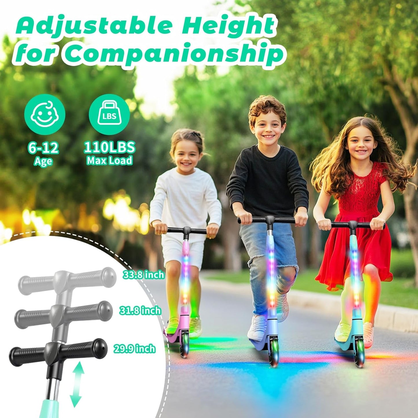 Dluxe Ave. EPCTEK Electric Scooter 6 Mph Top Speed Up to 5 Miles Range 5.3" Solid Tires Wheel and Front Light Kick Scooter Adjustable Height for Kids Age 6-12 Green