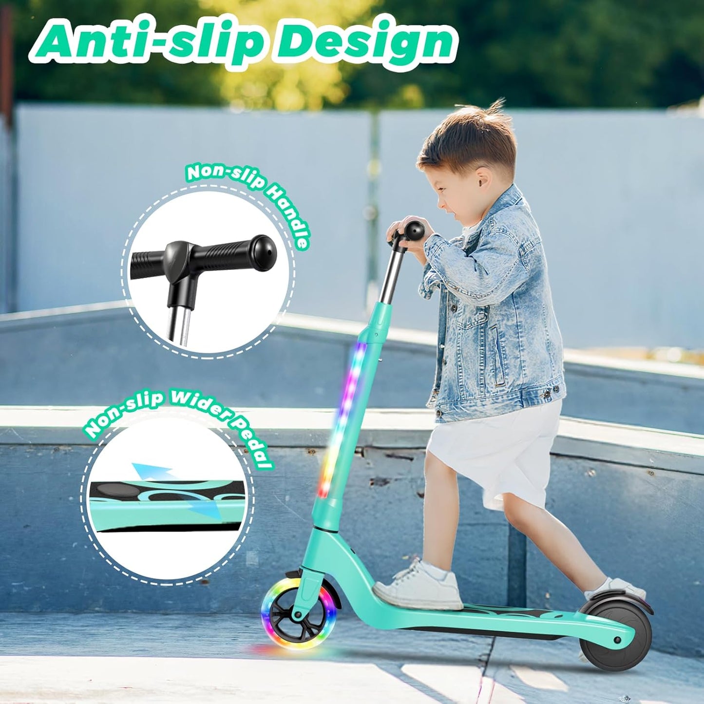 Dluxe Ave. EPCTEK Electric Scooter 6 Mph Top Speed Up to 5 Miles Range 5.3" Solid Tires Wheel and Front Light Kick Scooter Adjustable Height for Kids Age 6-12 Green
