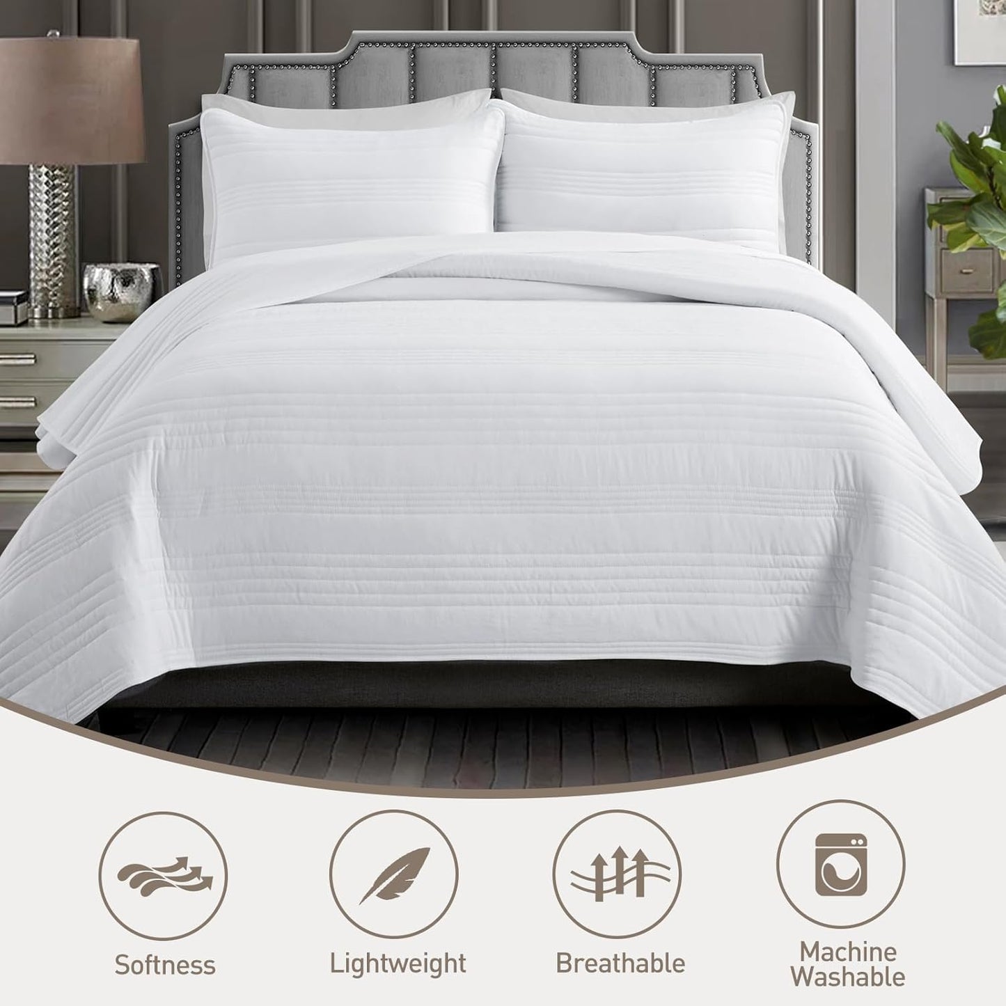 Dluxe Ave. ( CALI./ KING ) 3 Pcs Quilt Bedding Set/ Summer Soft Lightweight/ White Stripe