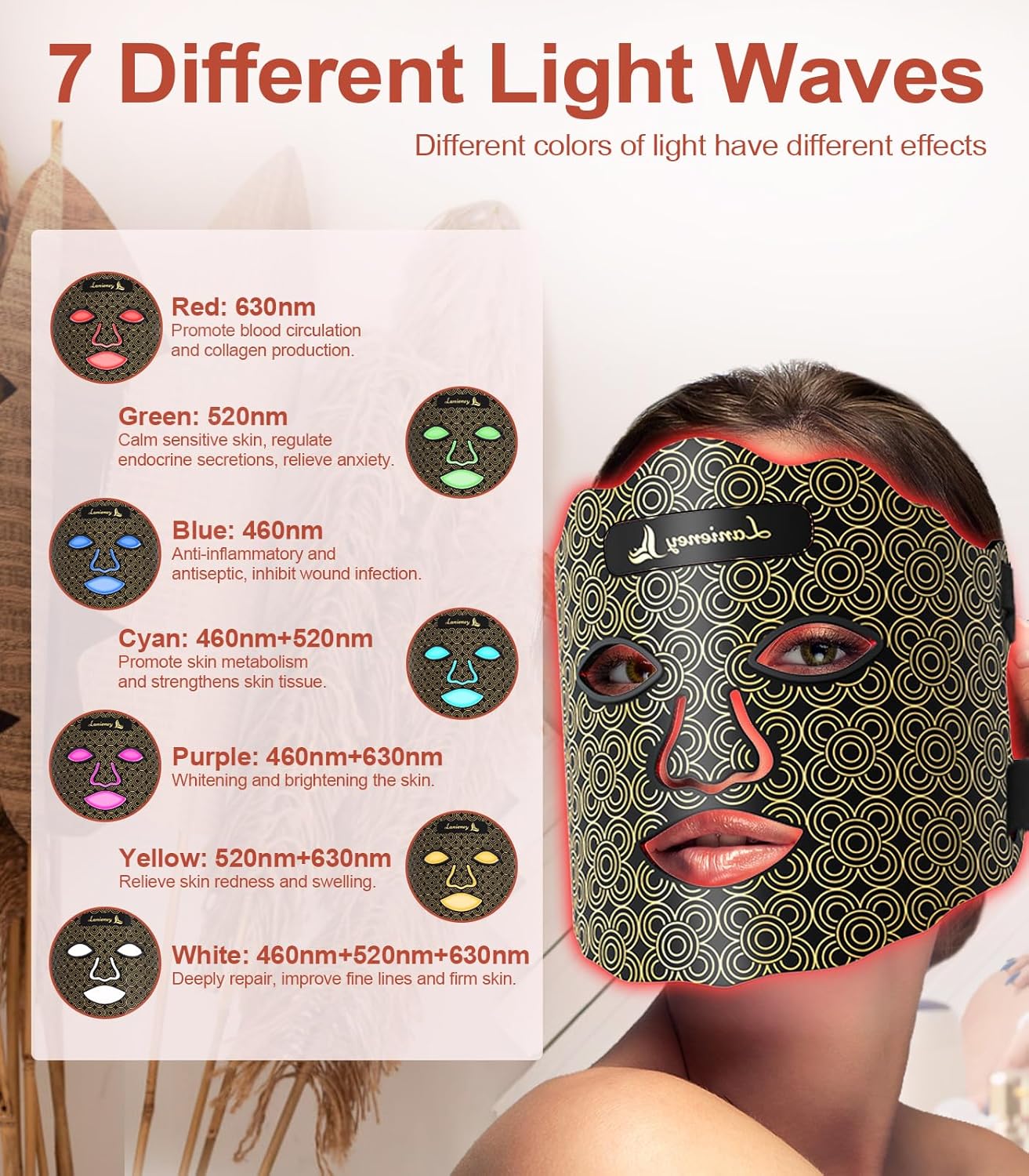 Dluxe Ave. Red Light Therapy for Face7 Colors Red Light Therapy MaskWireless Near-infrared Light 850nm and Red Light 630nm with Timing FunctionRechargeable Led Face Mask Light Therapy for Home Skincare Black