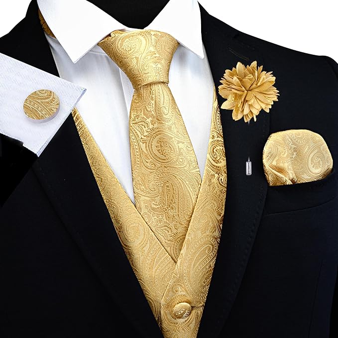 Dluxe Ave. (SMALL) Mens Tie and Bow Tie Suit Set/ Silk Waistcoat Necktie and Pocket Square Lapel Pin/Gold
