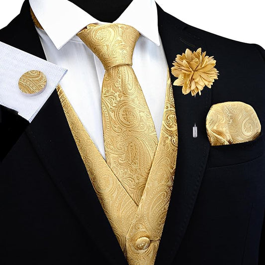 Dluxe Ave. (SMALL) Mens Tie and Bow Tie Suit Set/ Silk Waistcoat Necktie and Pocket Square Lapel Pin/Gold