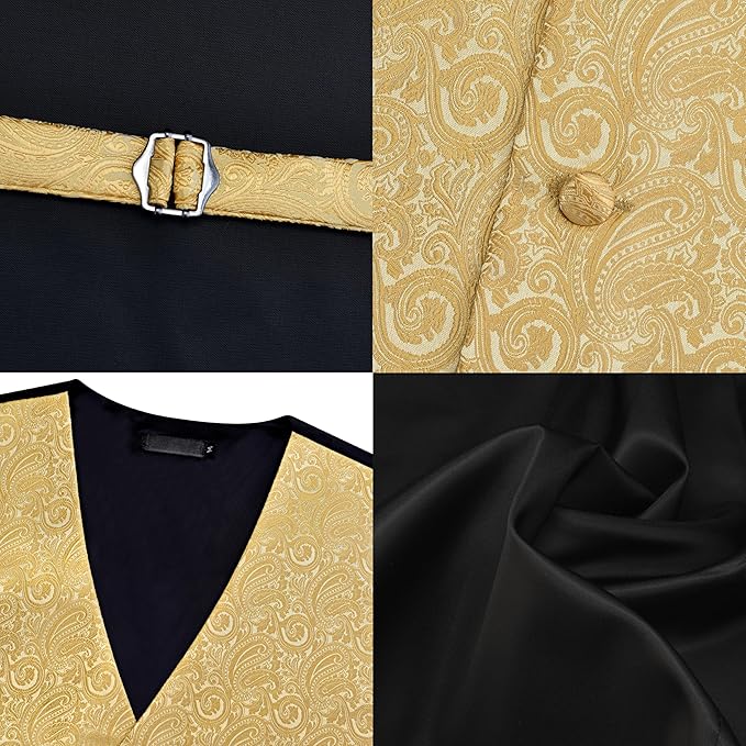 Dluxe Ave. (SMALL) Mens Tie and Bow Tie Suit Set/ Silk Waistcoat Necktie and Pocket Square Lapel Pin/Gold