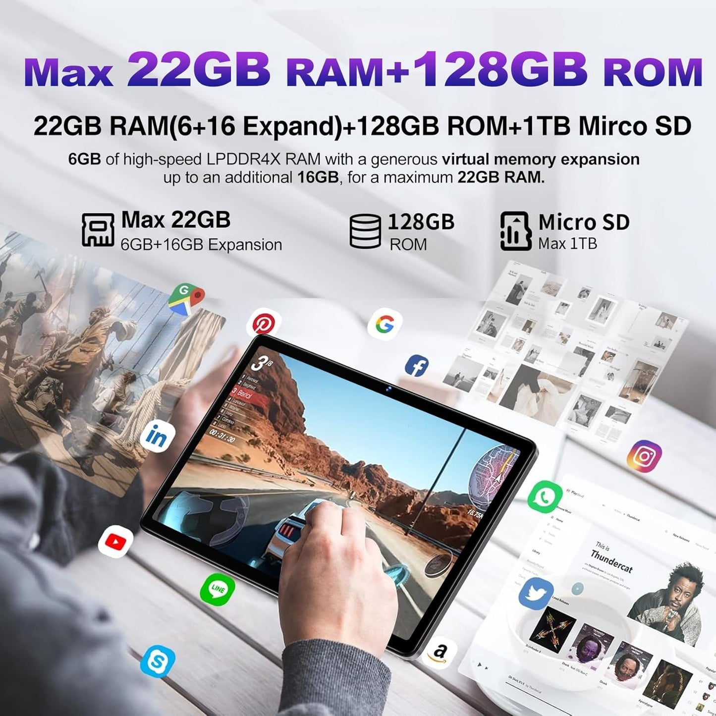 Dluxe Ave. DMOAO Tablet Android Tablet 2024 Tablets with 22GB RAM+128GB ROM/ 1TB Expand 8000mAh Battery Octa-Core 2.0GHz CPU 5G WiFi GPS 10.1 Inch FHD IPS 2 in 1 Tablet PC with Keyboard/Mouse-Gray