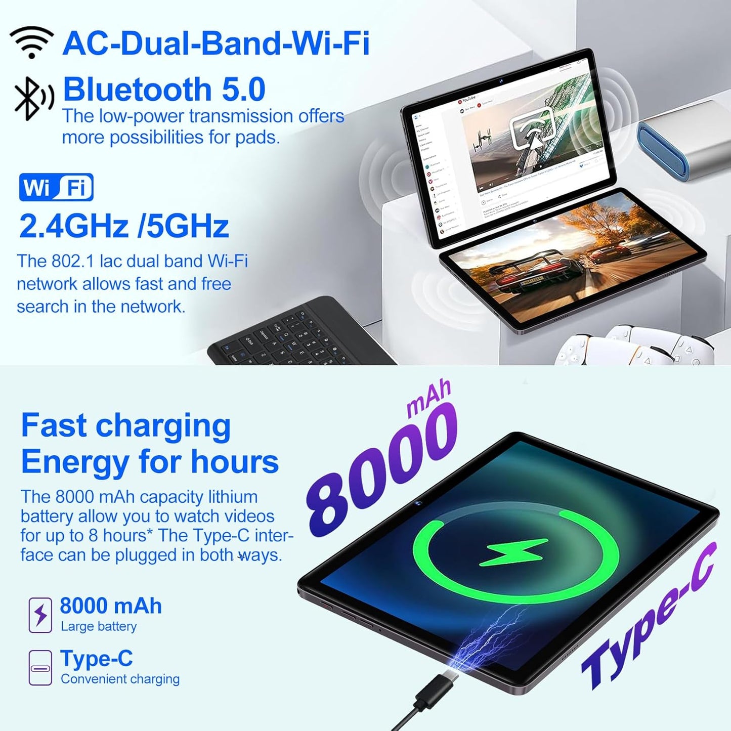 Dluxe Ave. DMOAO Tablet Android Tablet 2024 Tablets with 22GB RAM+128GB ROM/ 1TB Expand 8000mAh Battery Octa-Core 2.0GHz CPU 5G WiFi GPS 10.1 Inch FHD IPS 2 in 1 Tablet PC with Keyboard/Mouse-Gray