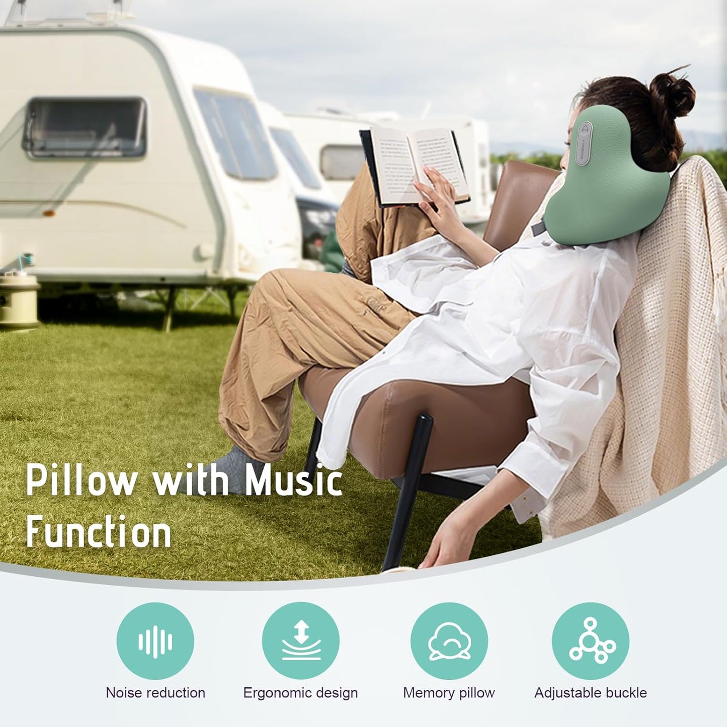 Dluxe Ave. Travel Neck Pillow with Bluetooth Headset/Memory Foam Airplane Pillow for Head Support /(Green)